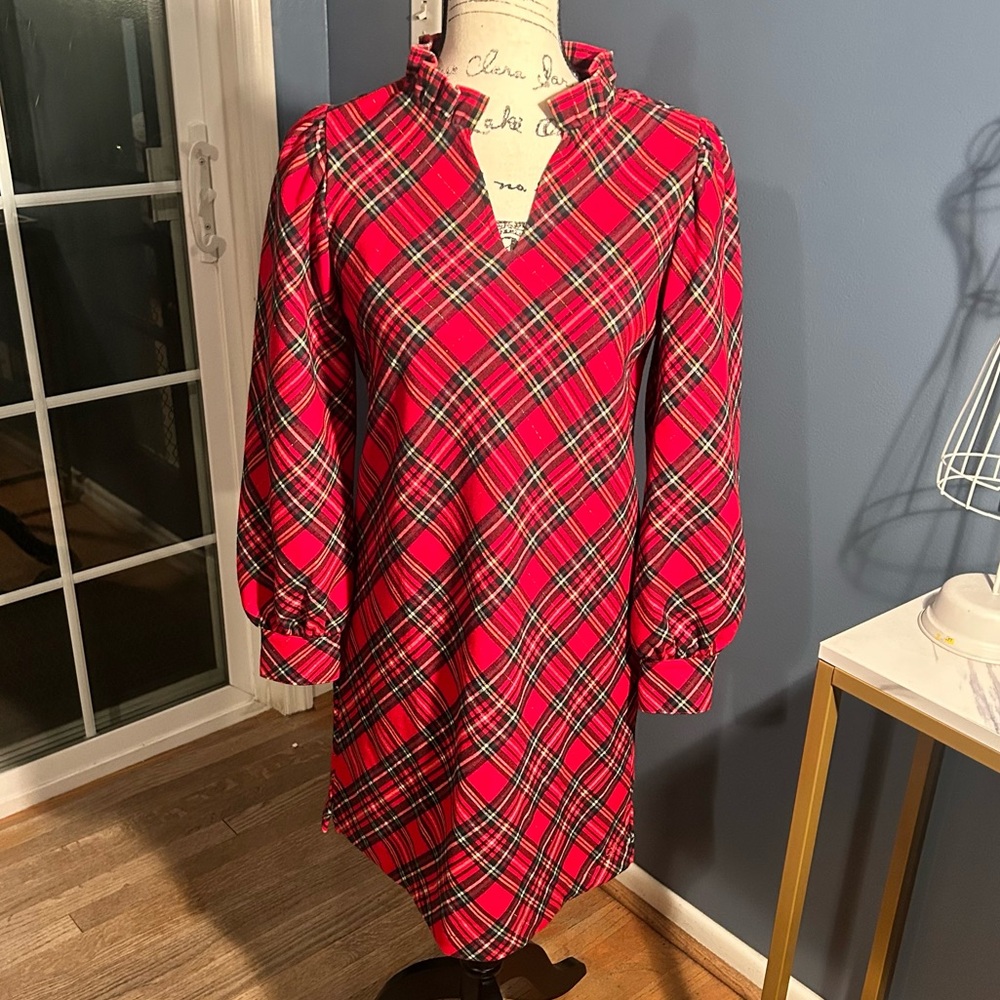 Vineyard Vines Plaid V Neck Ruffle Tartan Dress